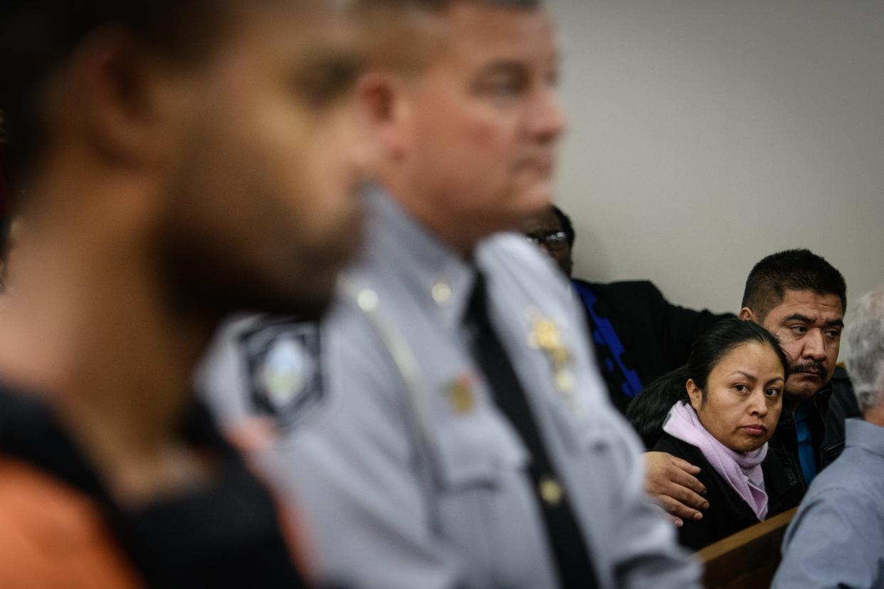 Celsa Maribel Hernandez Velasquez , mother of Hania Aguilar, stares at Michael Ray McLellan, 34, during his first appearance for the kidnapping and murder of Hania Aguilar on Monday, Dec. 10, 2018, in Lumberton.