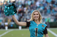 <p>A Jacksonville Jaguars cheerleader performs on the field prior to the start of their game against the Seattle Seahawks at EverBank Field on December 10, 2017 in Jacksonville, Florida. (Photo by Sam Greenwood/Getty Images) </p>