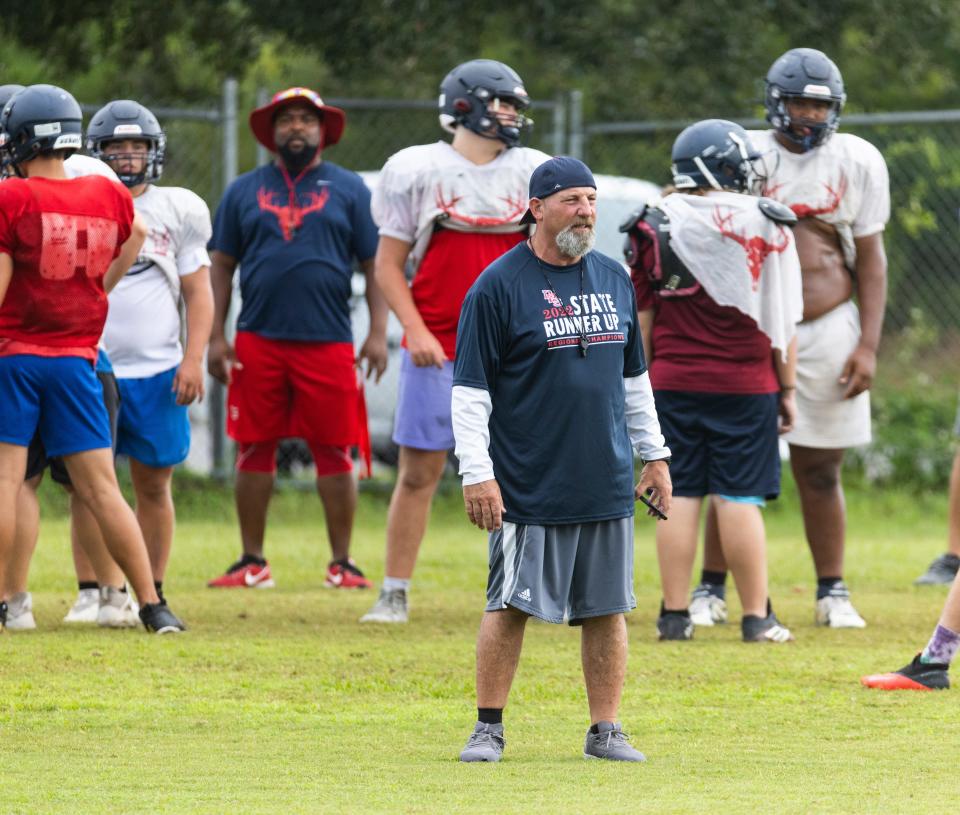 Bozeman High School hit the practice field this week preparing for the upcoming fall football season. Assistant coach Josh Wright works with the team at practice Wednesday.