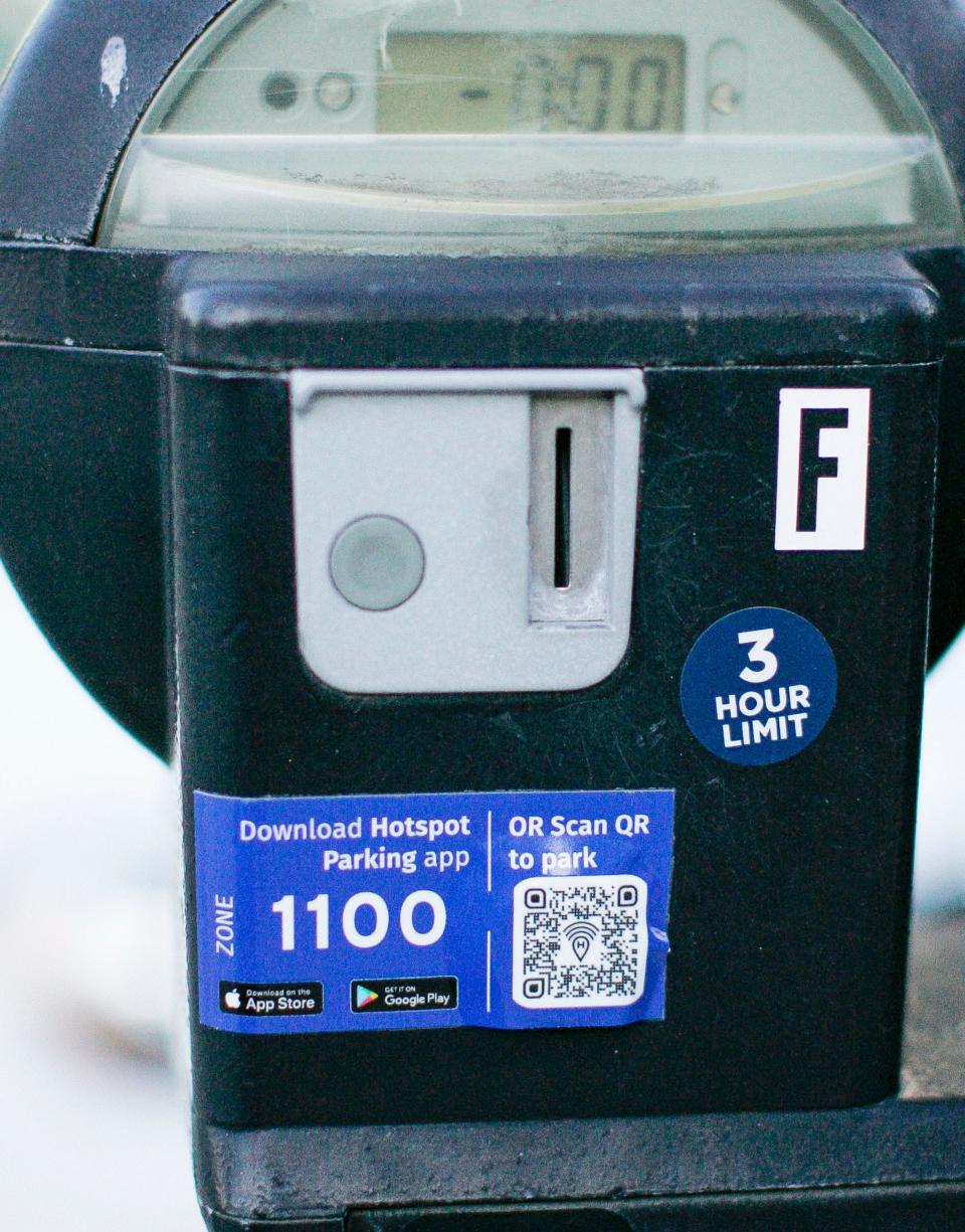 A parking meter in the 600 block of North 8th Street as seen, Monday, April 15, 2024, in Sheboygan, Wis. Users can pay with coins or pay using a QR code or downloading and using an app on their phone.