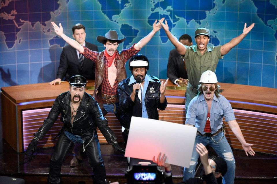 Bowen Yang (from front left), Mikey Day, Kenan Thompson, Chris Redd, and Beck Bennett play the Village People on "Saturday Night Live."