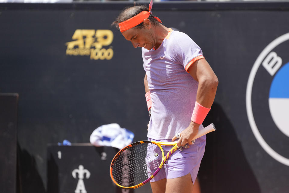 Rafael Nadal, of Spain, pauses during his match against Hubert Hurkacz, of Poland, at the Italian Open tennis tournament in Rome, Saturday, May 11, 2024.(AP Photo/Gregorio Borgia)