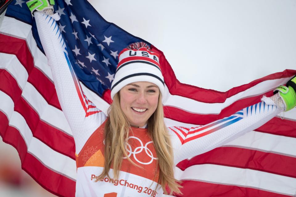 Silver medalist Mikaela Shiffrin #19 of the United States on the podium.