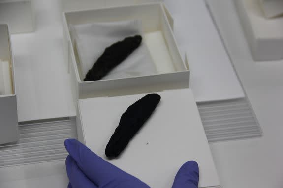 The charred scroll from En-Gedi with its exact facsimile, which was 3-D printed from the micro-CT scan that led to the discovery of the biblical text inside.