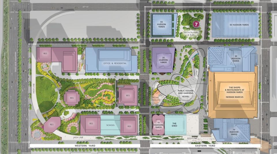 A map of Hudson Yards' two phases, the Eastern Yard (which opened March 15, 2019) and the Western Yard (to be completed by 2025).