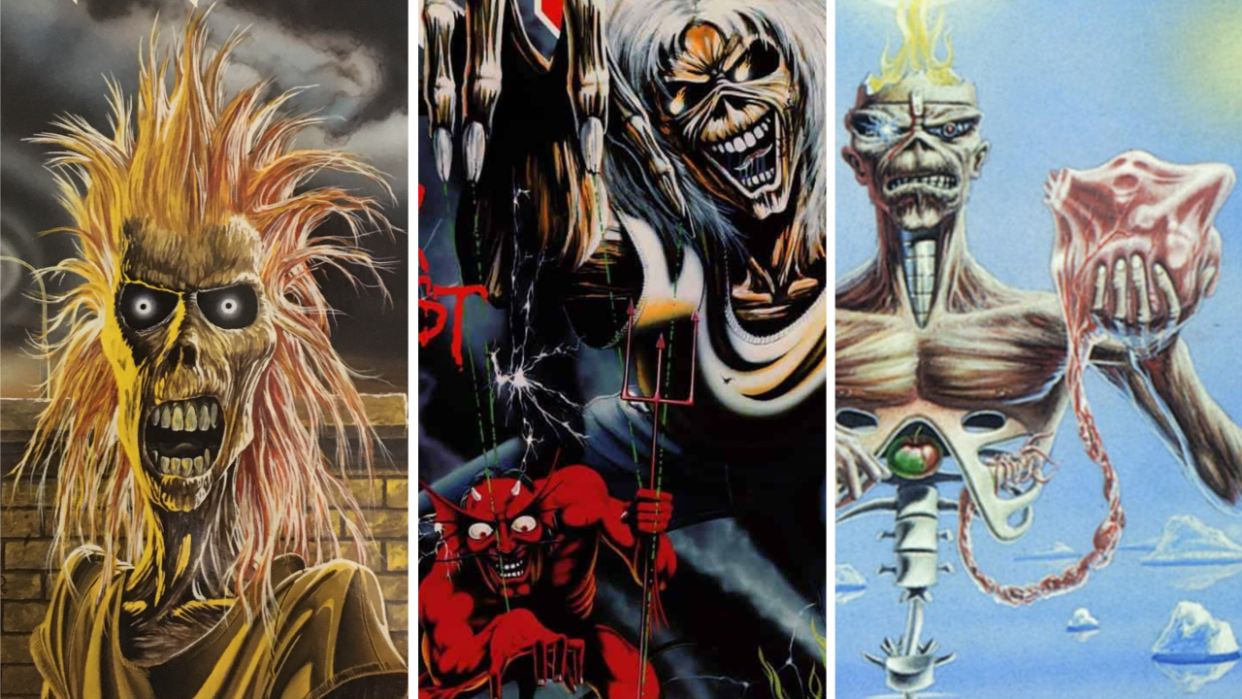  The cover of Iron Maiden albums Iron Maiden, Number of the Beast and Seventh Son of a Seventh Son 