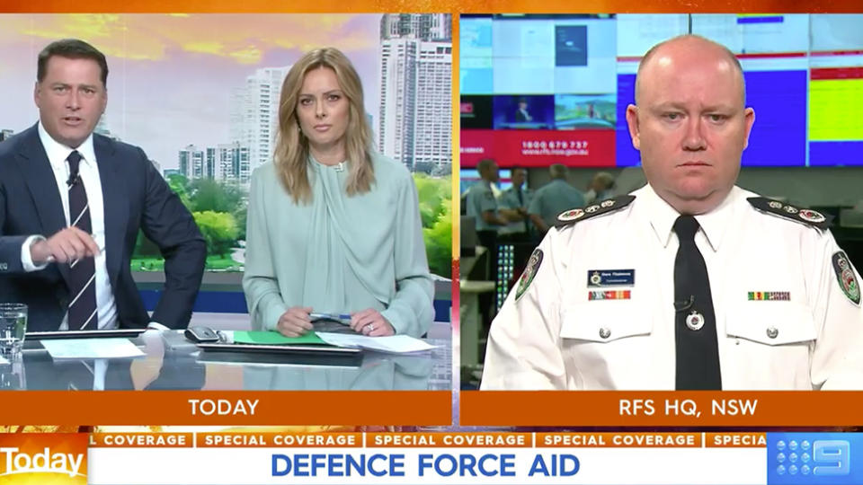 Karl Stefanovic expressed his dismay at Scott Morrison, for not informing thee NSW Fire Commissioner about the decision to deploy the Australia Defence Force to aid firefighters. Source: Today/Nine News