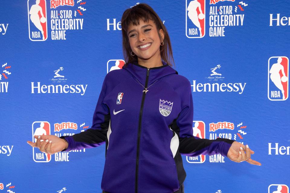 Feb 18, 2022; Cleveland, OH, USA;  Anjali Ranadive poses for photographers before the Ruffles NBA All-Star Celebrity Game at the Wolstein Center. Mandatory Credit: Ken Blaze-USA TODAY Sports