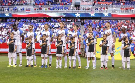 Sep 1, 2017; Harrison, NJ, USA; Members of USA stand for the national anthem before the FIFA World Cup Qualifier against Costa Rica at Red Bull Arena. Vincent Carchietta-USA TODAY Sports