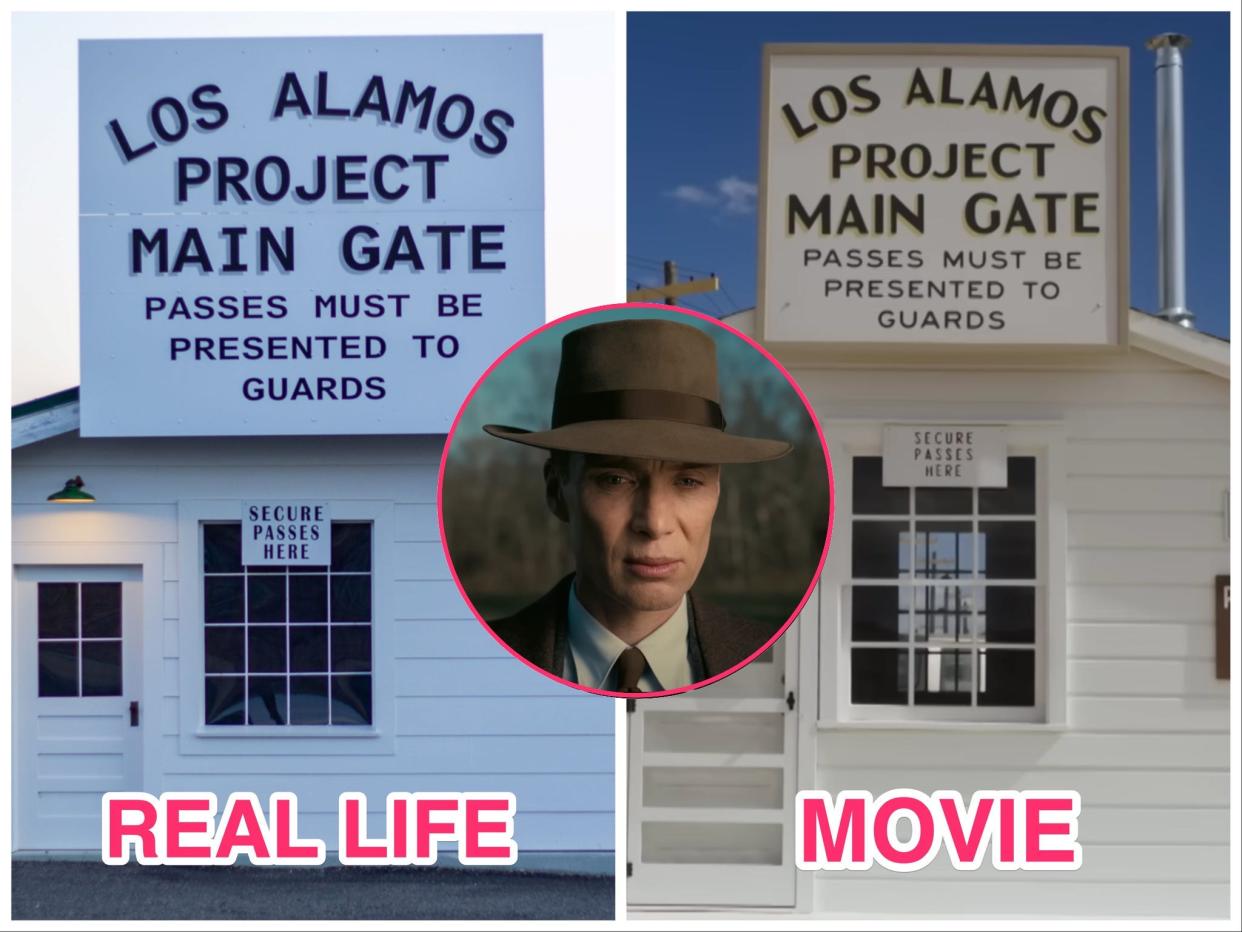 Los Alamos Main Gate side-by-side images with Cillian Murphy's Oppenheimer.