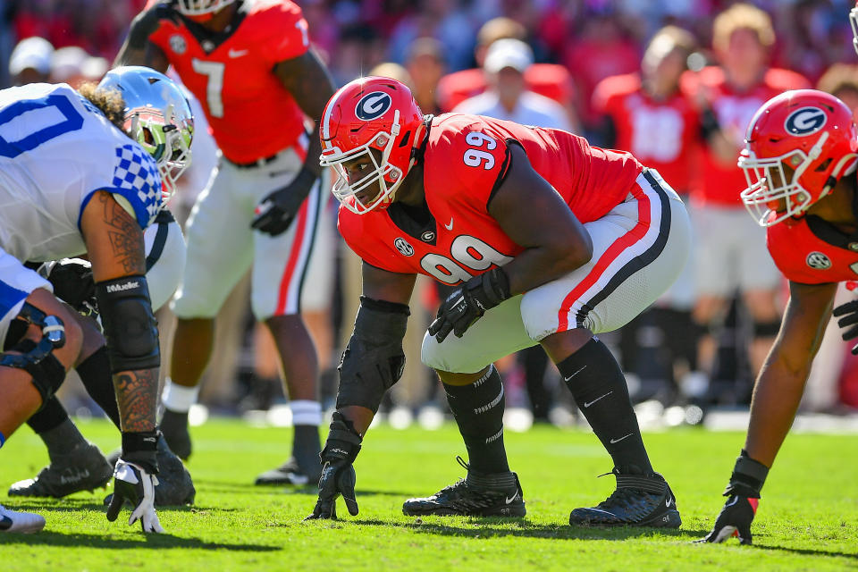 ATHENS, GA  OCTOBER 16: Georgia defensive lineman Jordan Davis (99) in a three-point stance during the college football game between the Kentucky Wildcats and the Georgia Bulldogs on October 16th, 2021 at Sanford Stadium in Athens, GA.  (Photo by Rich von Biberstein/Icon Sportswire via Getty Images)