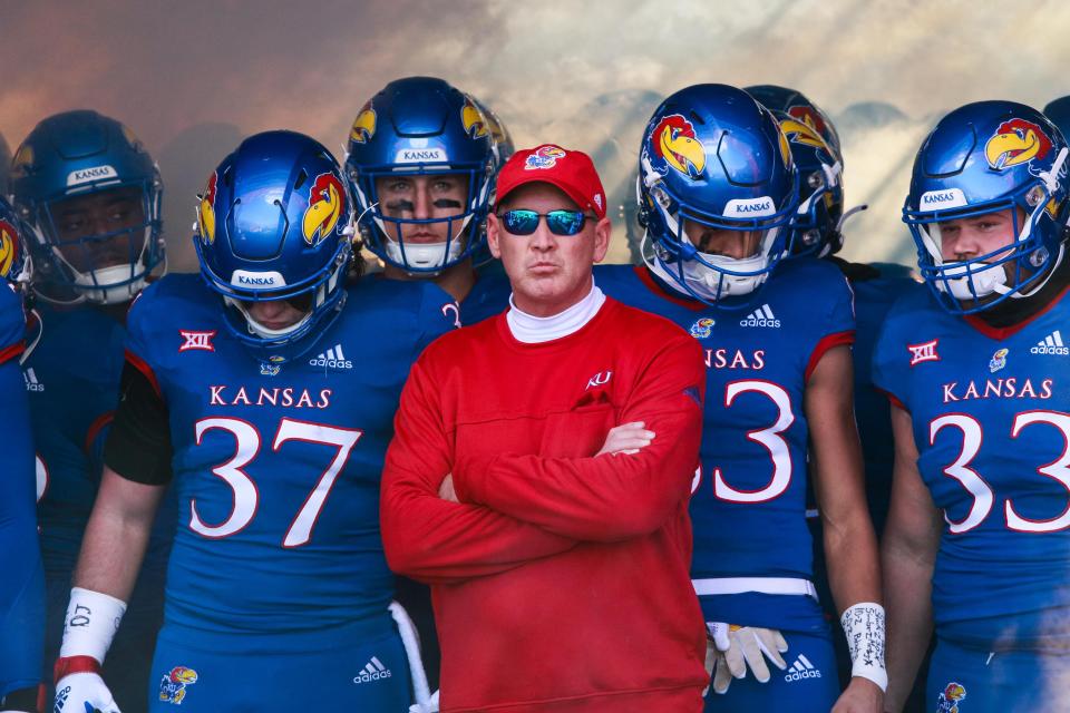 Lance Leipold and the Kansas Jayhawks stand in the tunnel before their game against Texas on Nov. 19.