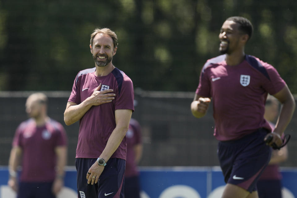 England's manager Gareth Southgate gestures during training session in Blankenhain, Germany, Tuesday, July 9, 2024 ahead of the semifinal match against The Netherlands at the Euro 2024 soccer tournament. (AP Photo/Thanassis Stavrakis)