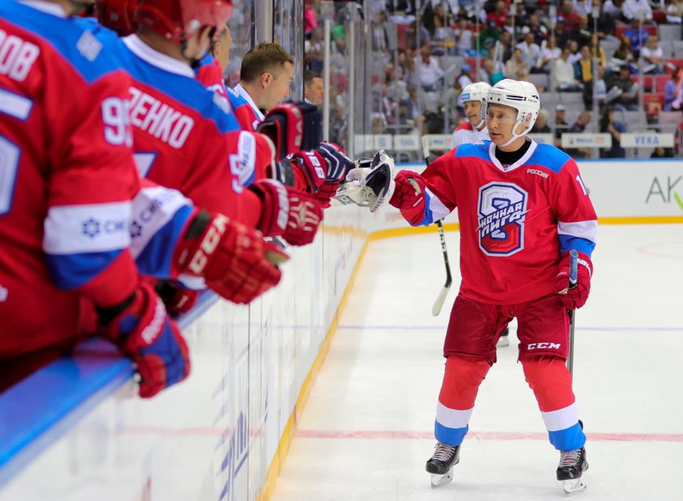 Russian President Vladimir Putin celebrates his goal in Sochi, Russia, in May 2019.