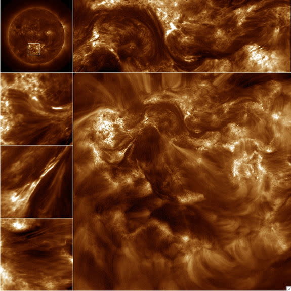 NASA's High-resolution Coronal Imager (Hi-C) capture over 50 16-Megapixel images of the 1.5 million-degree solar corona. The large image is the full frame image and the smaller images along the top and sides are sub fields of the image. The upp