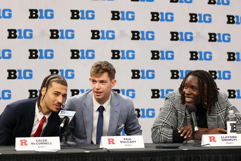 Oct 11, 2022; Minneapolis, Minnesota, US; Rutgers Scarlet Knight Players Caleb McConnell, Paul Mulcahy, and Clifford Omoruyi speak to the media during the Big Ten media days at Target Center. Mandatory Credit: Matt Krohn-USA TODAY Sports