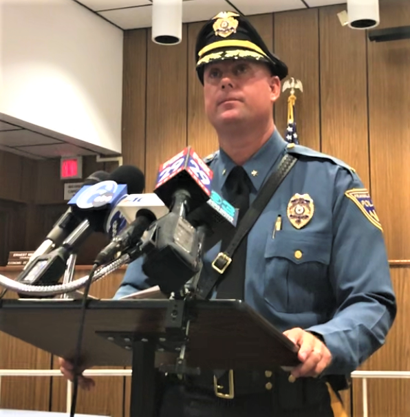 Franklin Township police Chief Matthew DeCesari discusses at a Tuesday press conference at the Buena Borough Municipal Building findings from the ongoing investigation into the August 3 explosion and fire that destroyed a house at 306 North West Boulevard and killed four people. PHOTO: August 15, 2023.