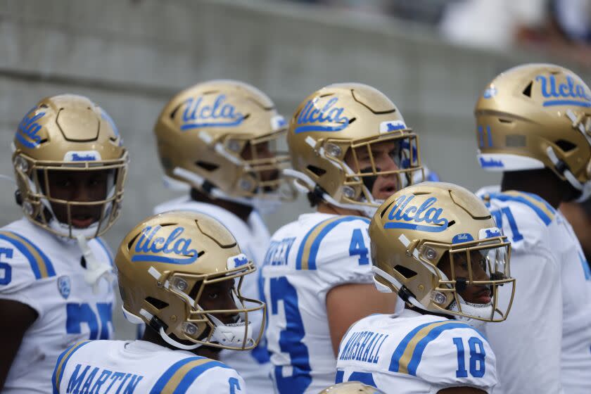 UCLA prepares to take the field against California before an NCAA college football game