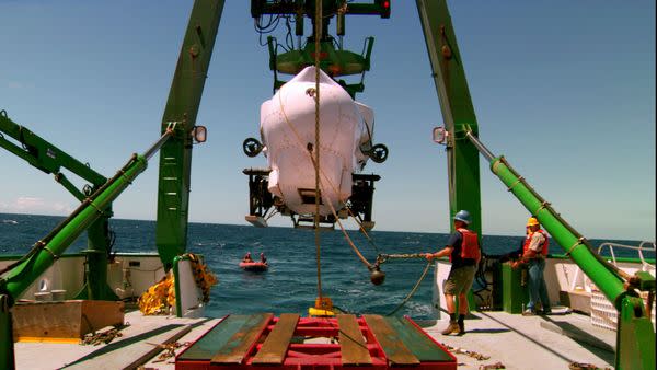 The Pisces IV submersible is lifted into the water.