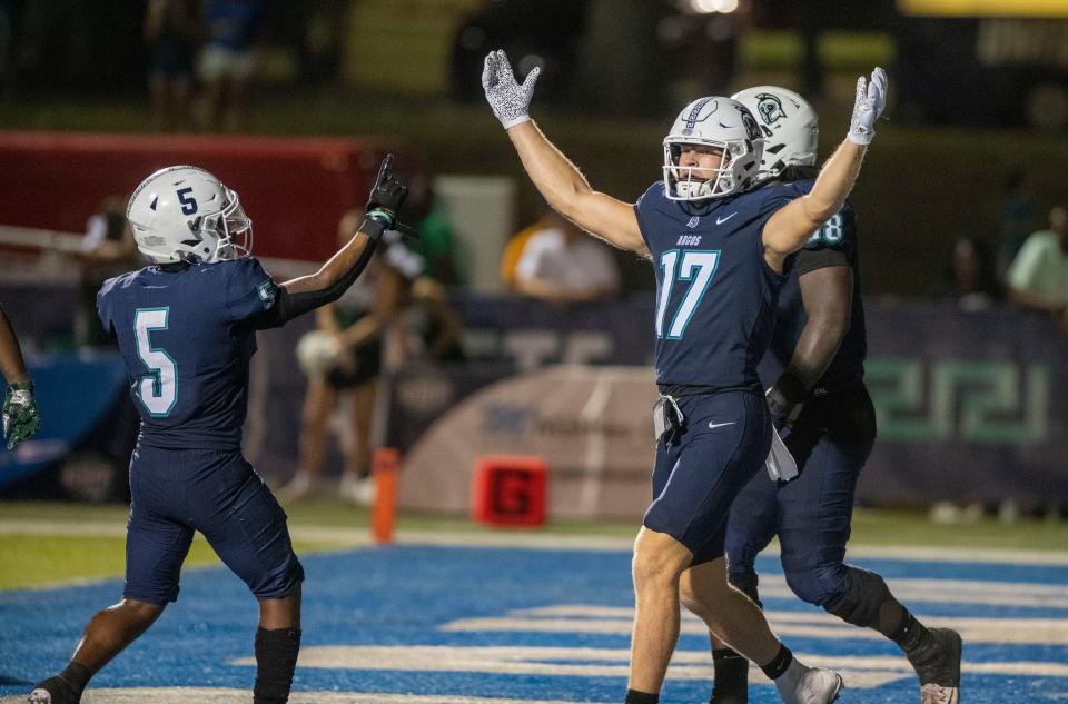 West Florida's David Durden (17) celebrates after scoring a touchdown during action against Delta State at Pen Air Field at the University of West Florida Saturday, September 24, 2022.