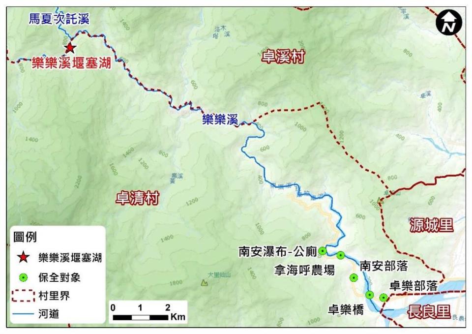 若該堰塞湖崩塌，最直接影響的是下游的距離20公里南安、卓樂部落。   圖：花蓮林區管理處／提供