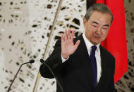 China' Foreign Minister Wang Yi, and his Japanese counterpart Toshimitsu Motegi (unseen) conclude a press briefing in Tokyo on Tuesday, Nov. 24, 2020. Wang met Motegi on Tuesday to discuss ways to revive their pandemic-hit economies as well as regional concerns over China’s growing influence. (Issei Kato/Pool Photo via AP)