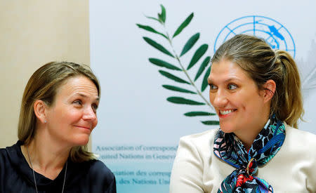 Beatrice Fihn, Executive Director of the International Campaign to Abolish Nuclear Weapons (ICAN) (R) attends with Grethe Ostern, member of the ICAN steering committee, a news conference in Geneva, Switzerland, April 19, 2018. REUTERS/Denis Balibouse