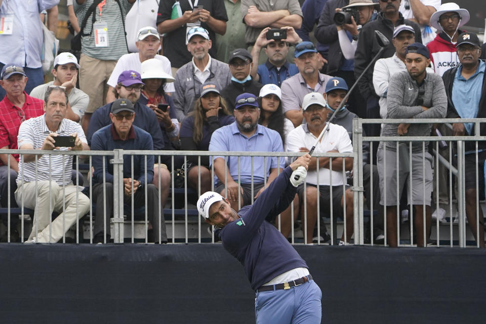 Edoardo Molinari, of Italy, plays his shot from the first tee during the first round of the U.S. Open Golf Championship, Thursday, June 17, 2021, at Torrey Pines Golf Course in San Diego. (AP Photo/Jae C. Hong)