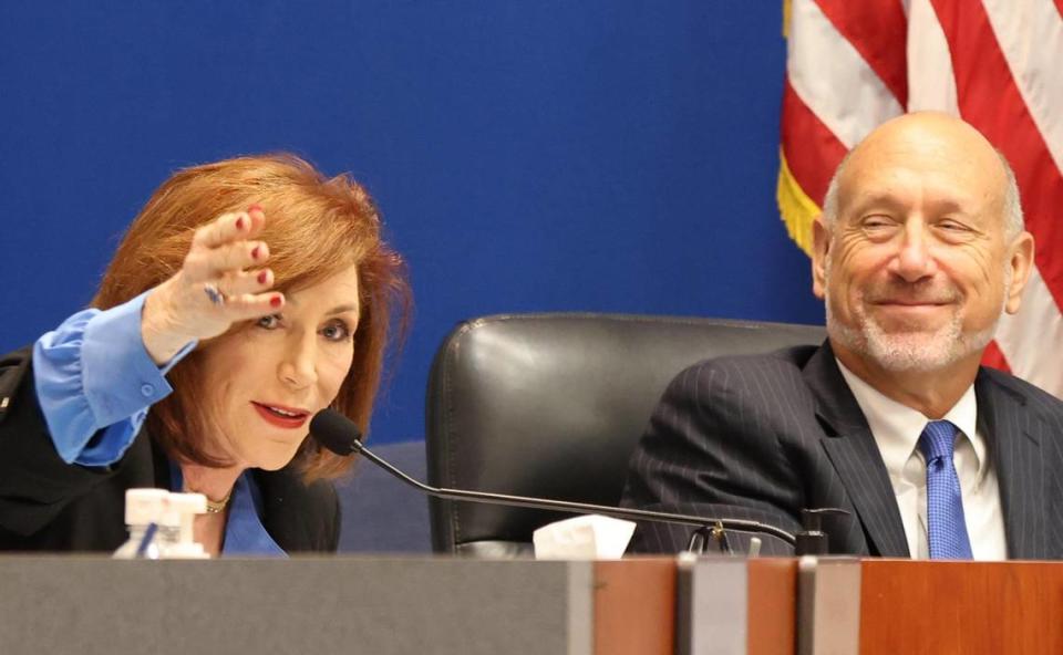 Board member Brenda Fam, left, comments during a Broward School Board meeting Tuesday, May 9, 2023, in Fort Lauderdale, Florida. On the right is board member Allen Zeman.