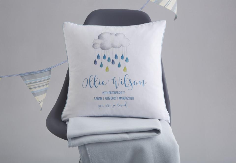 <p>Cloud Personalised Baby Cushion by Koko Blossom, £24.50, Notonthehighstreet.com</p><p><a rel="nofollow noopener" href="https://www.notonthehighstreet.com/kokoblossom/product/cloud-personalised-baby-cushion" target="_blank" data-ylk="slk:BUY NOW;elm:context_link;itc:0;sec:content-canvas" class="link ">BUY NOW</a></p>