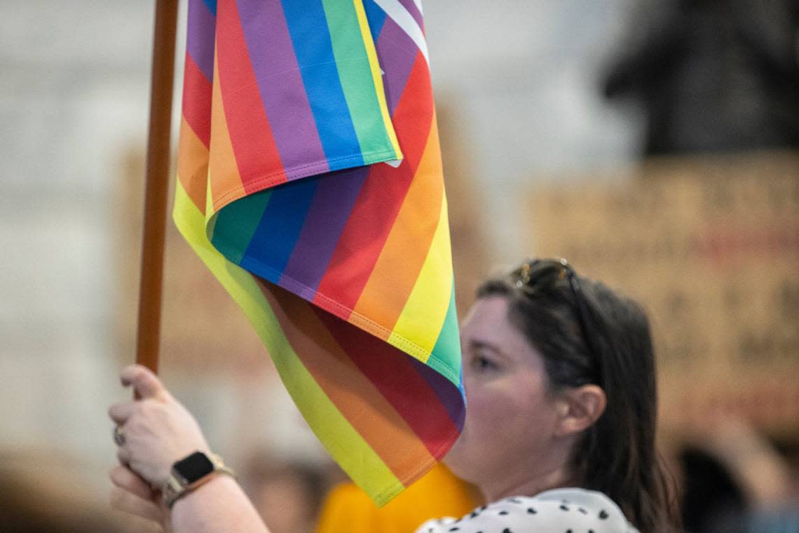 People attend the Fairness Rally at the Kentucky state Capitol in Frankfort, Ky., on Wednesday, Feb. 15, 2023.