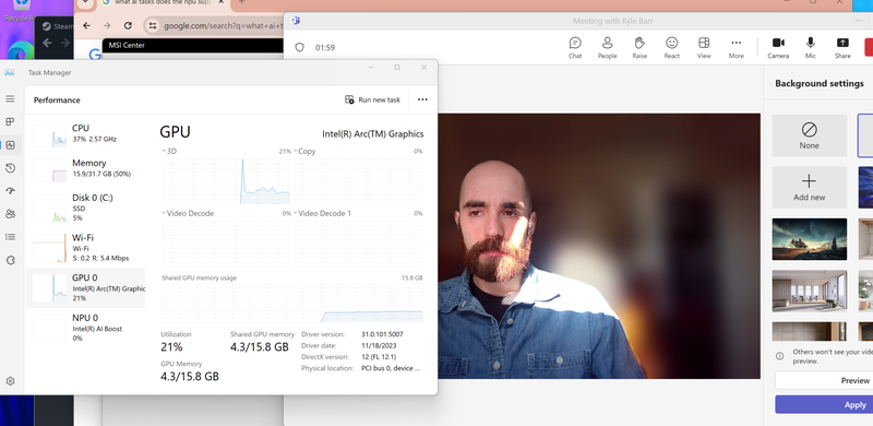 Intel has said the NPU should handle background blurring tasks on video calls, but that didn’t work well my first time with an AI PC. - Screenshot: Kyle Barr / Gizmodo