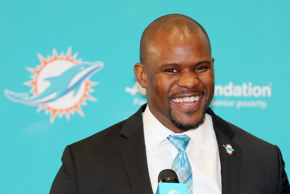 Miami Dolphins new head coach Brian Flores talks with the press at the Miami Dolphins training facility in Davie, Fla. on Monday, February, 4, 2019. (Charles Trainor Jr./Miami Herald/TNS via Getty Images)