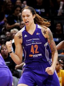 LOS ANGELES, CA - JULY 6: Brittney Griner #42 of the Phoenix Mercury celebrates during the game against the Los Angeles Sparks at Staples Center on July 6, 2014 in Los Angeles, California. (Photo by Juan Ocampo/NBAE via Getty Images)