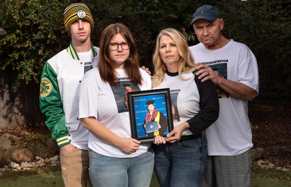 The family of Trevor Seever from the left, brother and sister, Kyle and Allison Seever, mother and stepfather Darlene and Ray Ruiz in Modesto, Calif., Wednesday, Dec. 6, 2021. Trevor was fatally shot by a Modesto police officer on Dec. 29, he was not armed, the department said in a video released Tuesday night.