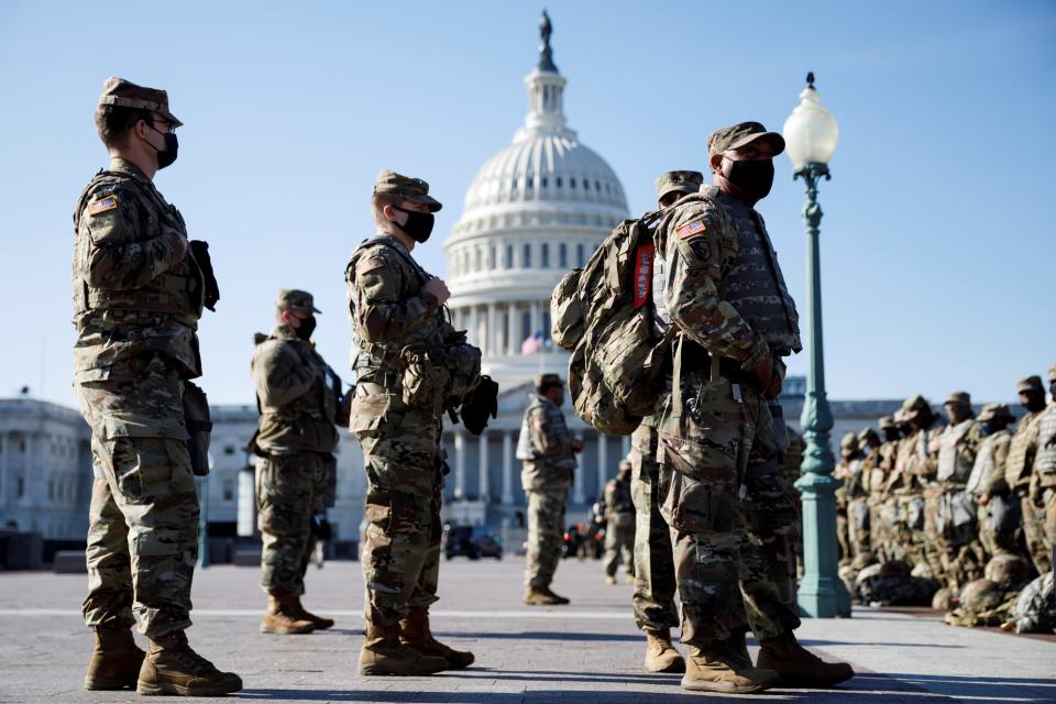 WASHINGTON, D.C., Jan. 15, 2021 -- National Guard soldiers are seen on Capitol Hill in Washington, D.C., the United States, on Jan. 14, 2021. U.S. President Donald Trump on Jan. 11 approved an emergency  declaration for Washington, D.C., effective through Jan. 24, covering the date of President-elect Joe Biden's inauguration on Jan. 20. (Photo by Ting Shen/Xinhua via Getty) (Xinhua/Ting Shen via Getty Images)