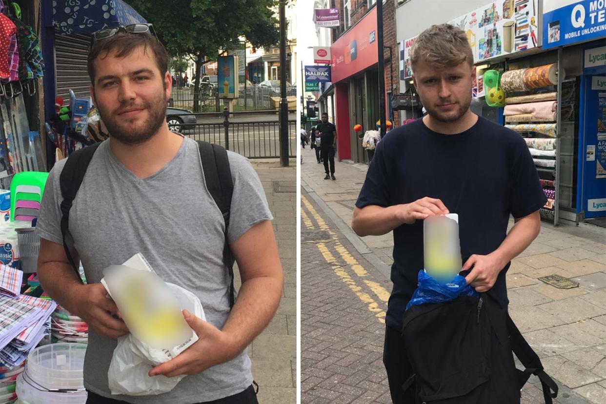 Danger: the Standard's Barney Davis, left, and Daniel O'Mahony with acid they bought