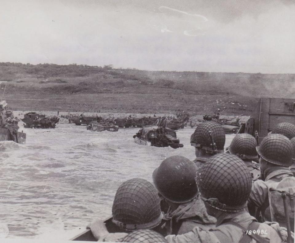 American GIs heading toward the shoreline of Omaha Beach around June 7, 1944