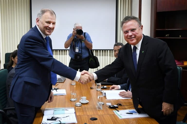 EU Health and Food Safety commissioner Vytenis Andriukaitis (L) and Brazilian Agriculture Minister Blairo Maggi shake hands during a meeting in Brasilia, on March 28, 2017