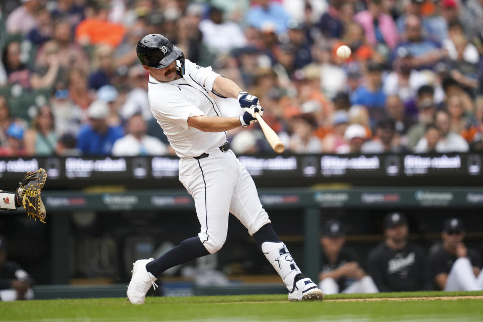 Detroit Tigers' Jake Rogers hits a three-run home run against the Milwaukee Brewers in the fifth inning of a baseball game, Sunday, June 9, 2024, in Detroit. (AP Photo/Paul Sancya)