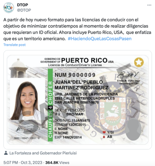 Tweet de la page officielle du ministère des Transports et de l’Équipement de Porto Rico (DTOP), daté du 3 octobre 2023.. 
