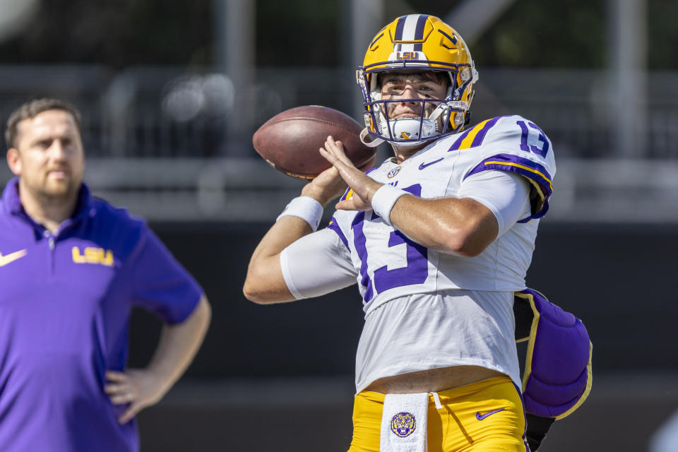 FILE - LSU quarterback Garrett Nussmeier (13) during an NCAA football game on Saturday, Sept. 16, 2023, in Starkville, Miss. (AP Photo/Vasha Hunt, File)