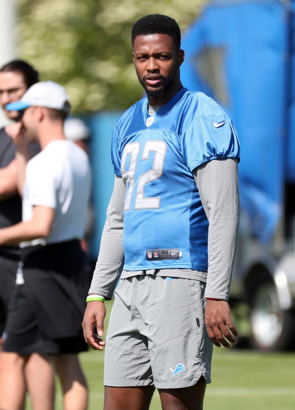 Fifth-round pick James Mitchell watches Detroit Lions rookie minicamp Saturday, May 14, 2022 at the Allen Park practice facility.