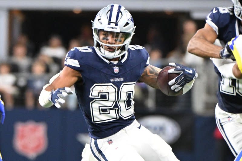 Dallas Cowboys running back Tony Pollard runs against the Los Angeles Rams on Sunday at AT&T Stadium in Arlington, Texas. Photo by Ian Halperin/UPI