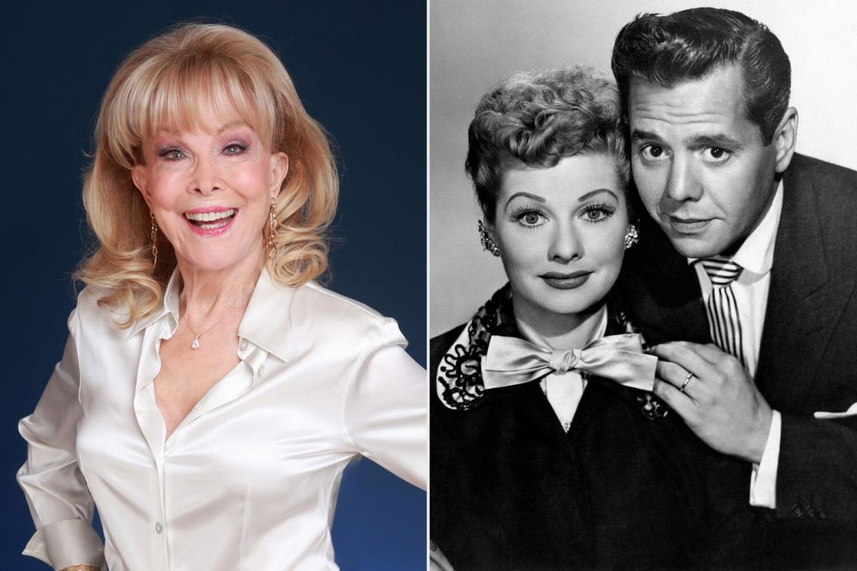 LOS ANGELES - 2016: Actress Barbara Eden poses for a portrait in 2016 in Los Angeles, California. (Photo by Harry Langdon/Getty Images); Cuban-born American actor Desi Arnaz hugging his wife, American actress Lucille Ball on the set of the TV series I Love Lucy. 1950s. (Photo by Mondadori via Getty Images)