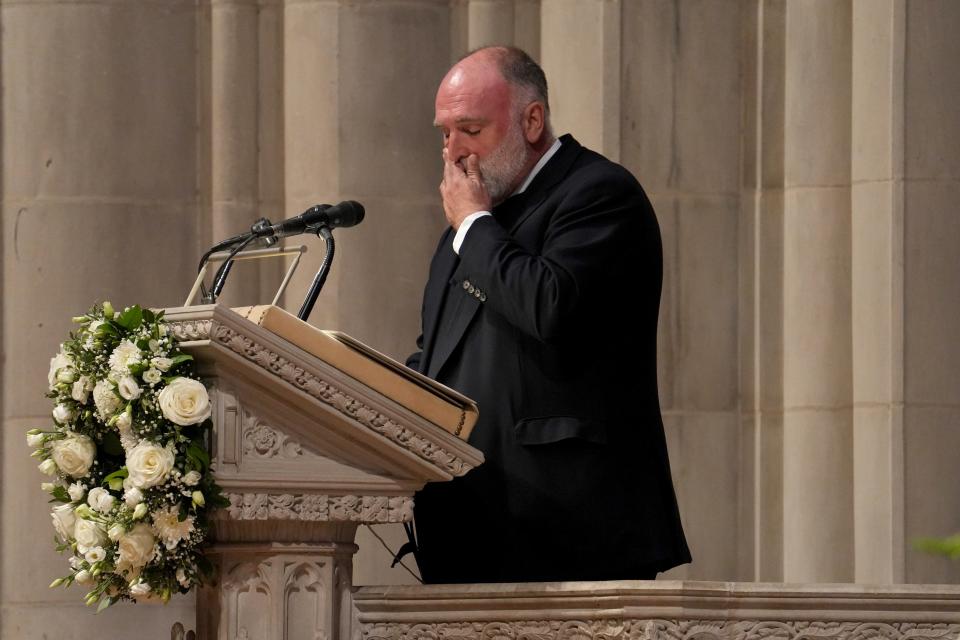 José Andrés pays tribute to the seven World Central Kitchen aid workers killed in an Israeli military strike in Gaza at a ceremony at the  Washington National Cathedral on Thursday.