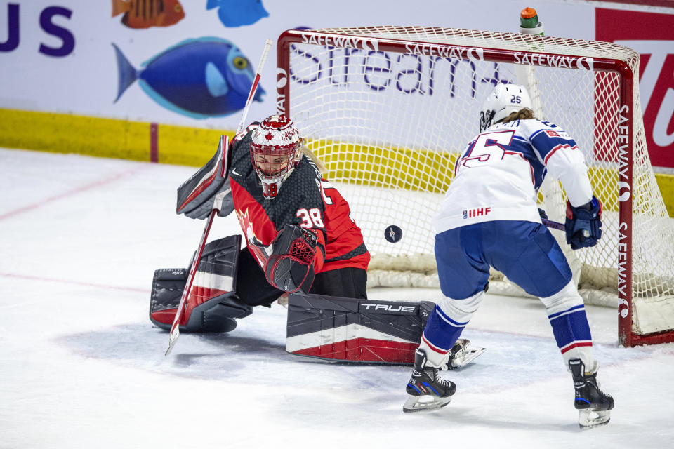 Canada goaltender Emerance Maschmeyer (38) stops a shot as United States' Alex Carpenter (25) looks for a rebound during the second period of a Rivalry Series hockey game Friday, Feb. 9, 2024, in Regina, Saskatchewan. (Liam Richards/The Canadian Press via AP)