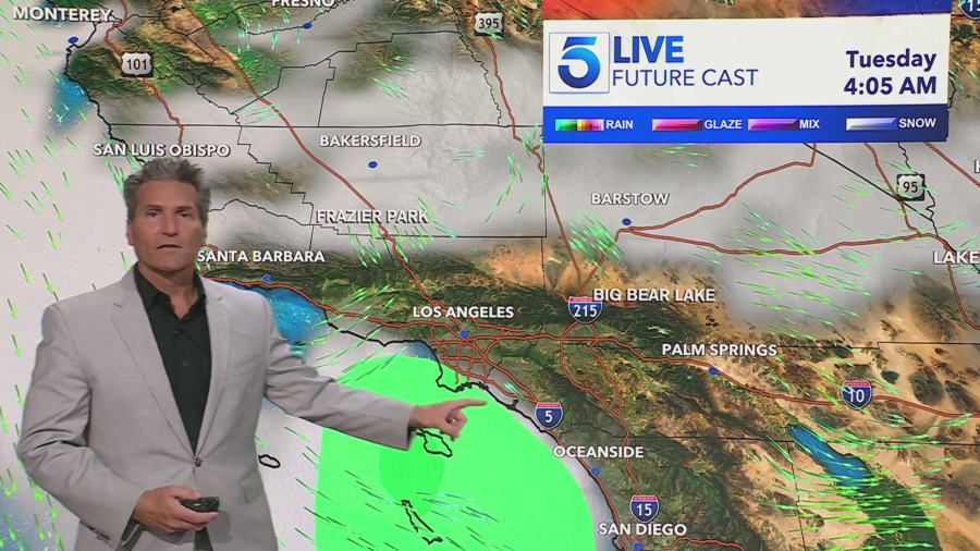 KTLA's Future Cast shows some drizzle near the coast on Tuesday, May 14, 2024. 