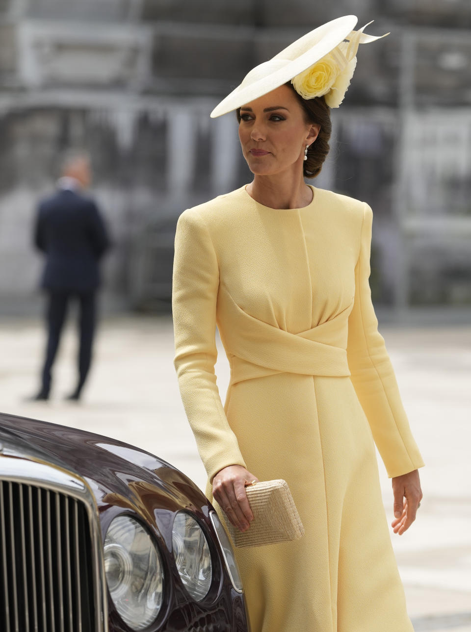 Catalina, la duquesa de Cambridge, llega al salón Guildhall para una recepción tras la misa de acción de gracias para la reina Isabel II en la Catedral de San Pablo en Londres el viernes 3 de junio de 2022 en el segundo de cuatro días de celebraciones por su Jubileo de Platino por sus 70 años de reinado. (Foto AP/Alastair Grant)