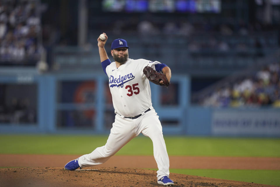 Los Angeles Dodgers starting pitcher Lance Lynn throws to a Colorado Rockies batter during the third inning of a baseball game Friday, Aug. 11, 2023, in Los Angeles. (AP Photo/Ryan Sun)